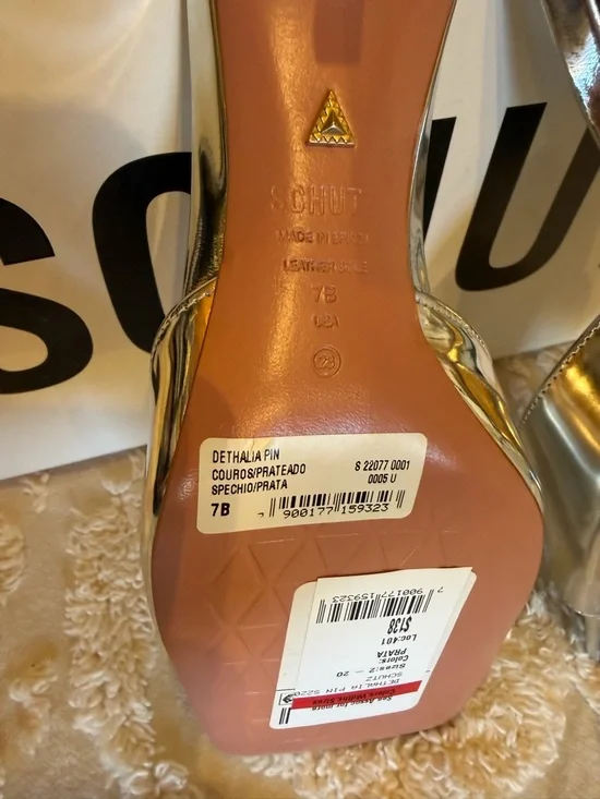 SCHUTZ Metallic Silver Open-Toe Slide Heels #601 - Picture 5 of 7